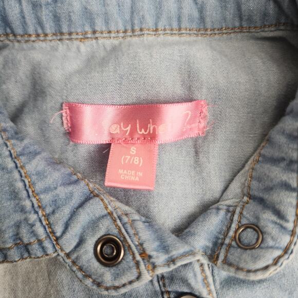 Say What? Denim Lace Chambray Button Up Top Shirt Girl's Size Small 7/8 - Picture 6 of 6